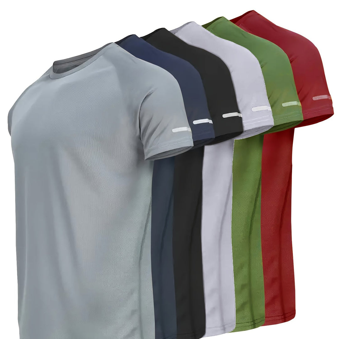 6pcs Men's Athletic Quick-Dry T-Shirts in Gray, Navy, Black, White, Army Green, Deep Red - Breathable Polyester, Short Sleeve Crew Neck with Reflective Logo Strips, Ideal for Gym, Running & Fitness, Casual Print, Moisture-wic