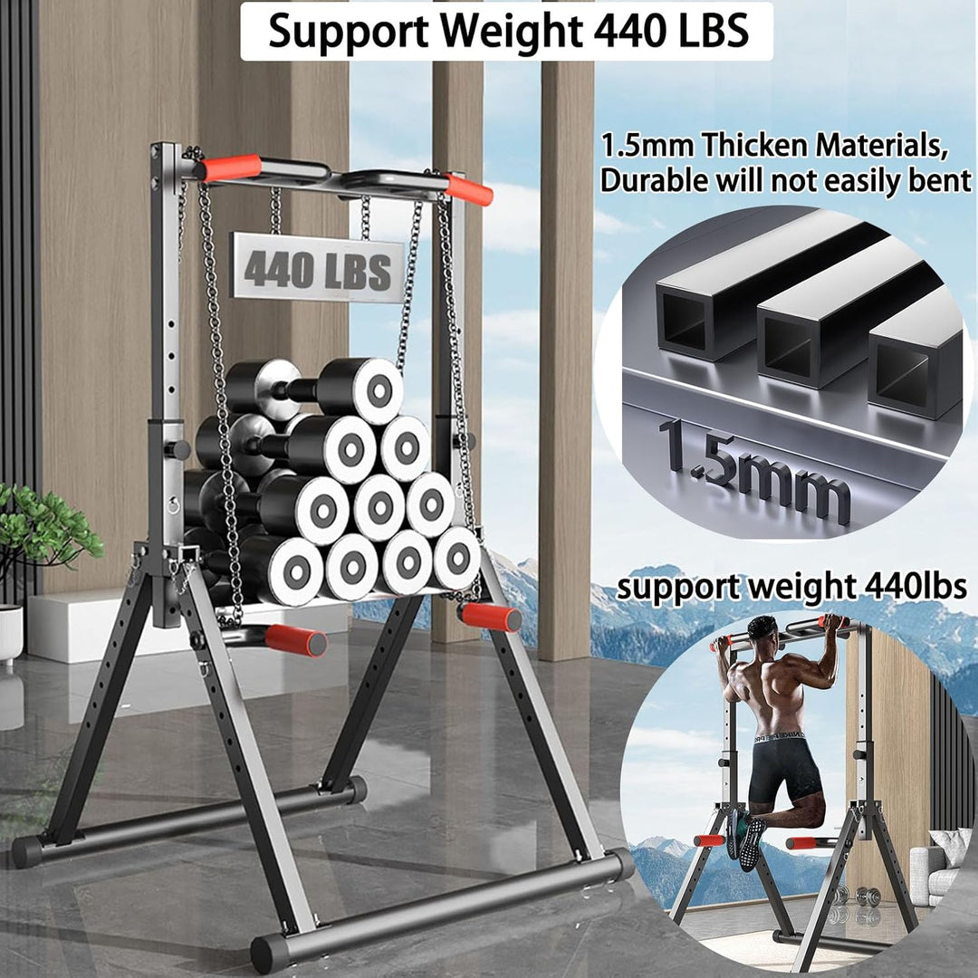 Foldable Power Tower Pull Up Staion Dip Bar Staion Freestanding Multifunctional Fitness Tower Station for Pull-Up/Dips/Push-Up/Chain Up Strenghth Training Home