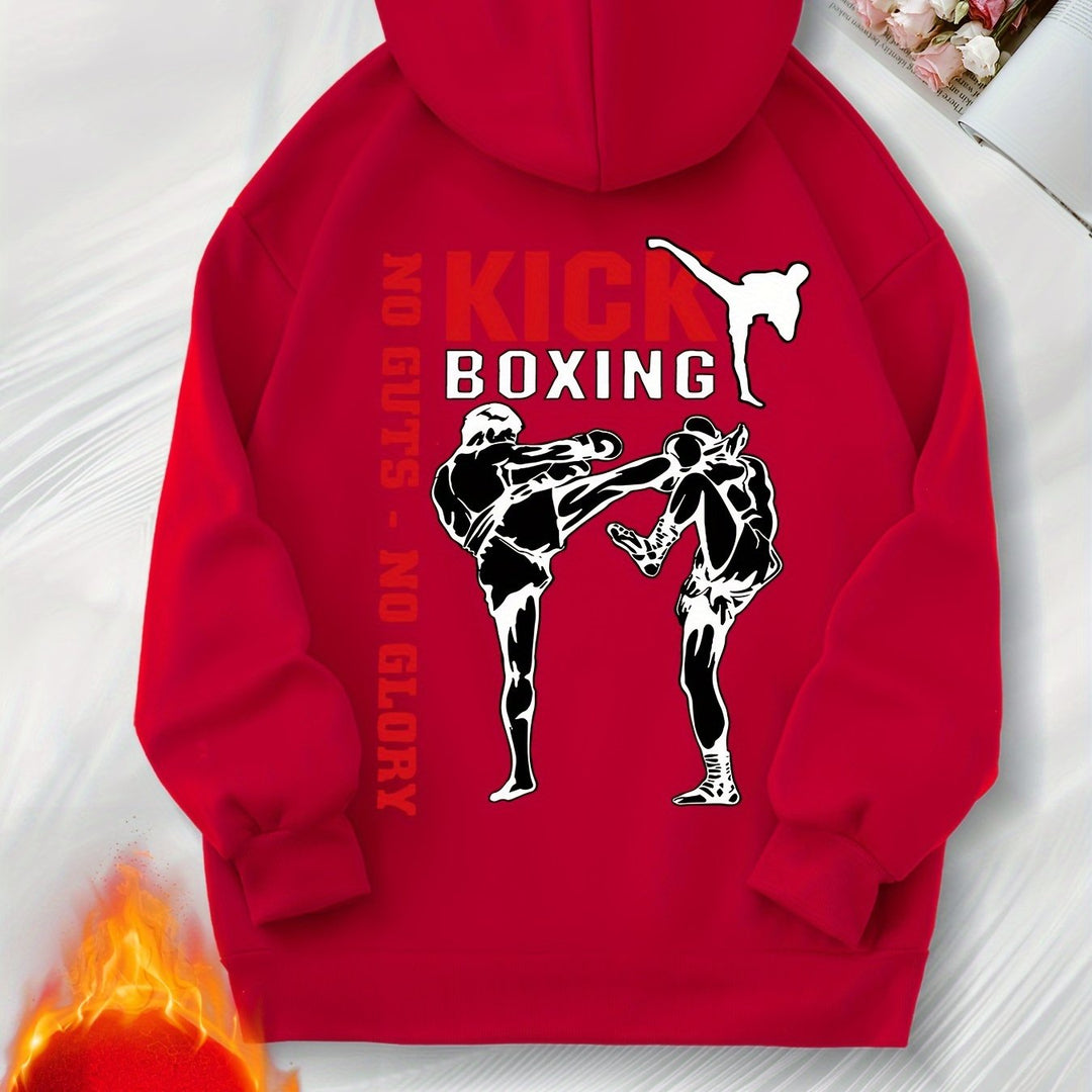 Women's Casual Boxing Print Fleece-Lined Hoodie with Drawstring & Kangaroo Pocket - Cozy Long Sleeve Pullover, Machine Washable