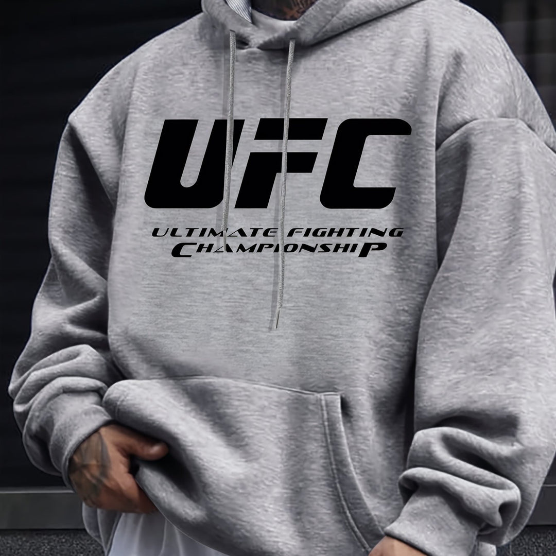 UFC Ultimate Fighting Championship Men'S Casual Polyester Hoodie - Knit Fabric with Slight Stretch, Hooded Collar, Regular Fit, Print Long Sleeve Pullover for Fall/Winter