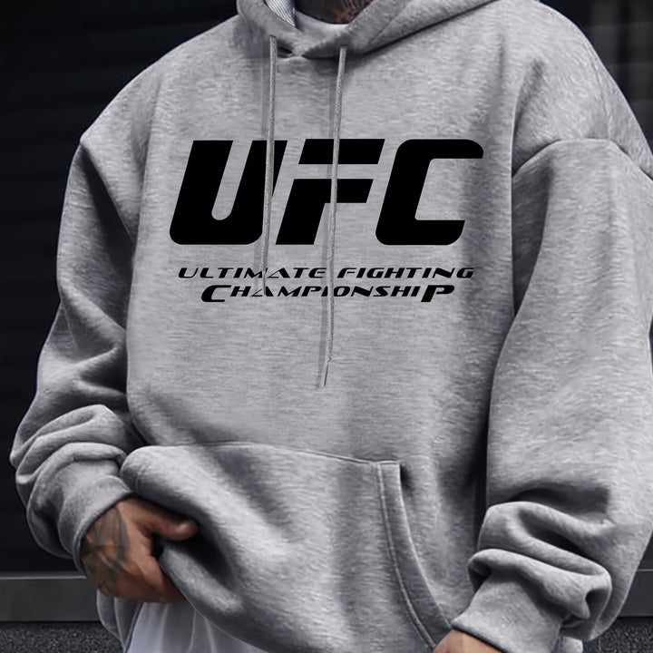 UFC Ultimate Fighting Championship Men'S Casual Polyester Hoodie - Knit Fabric with Slight Stretch, Hooded Collar, Regular Fit, Print Long Sleeve Pullover for Fall/Winter