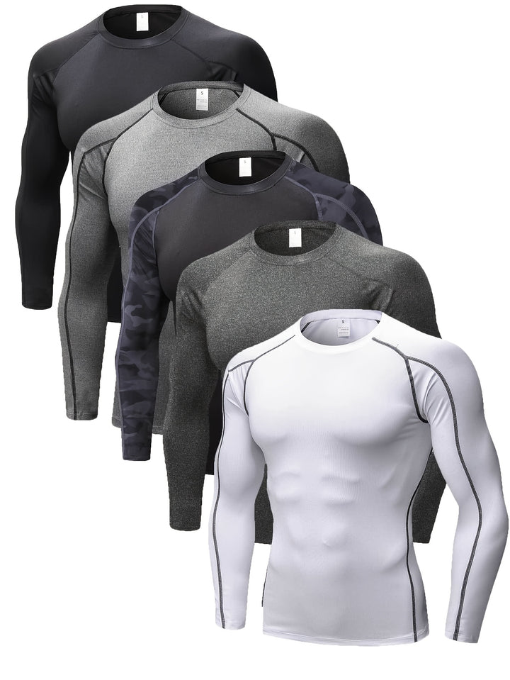 5pcs Men's Long Sleeve Quick-Dry, Moisture-Wicking Compression T-Shirts - Spandex/Polyester Athletic Tops in Black, Gray, Navy, White & Camo for Running & Training, Gym Shirts