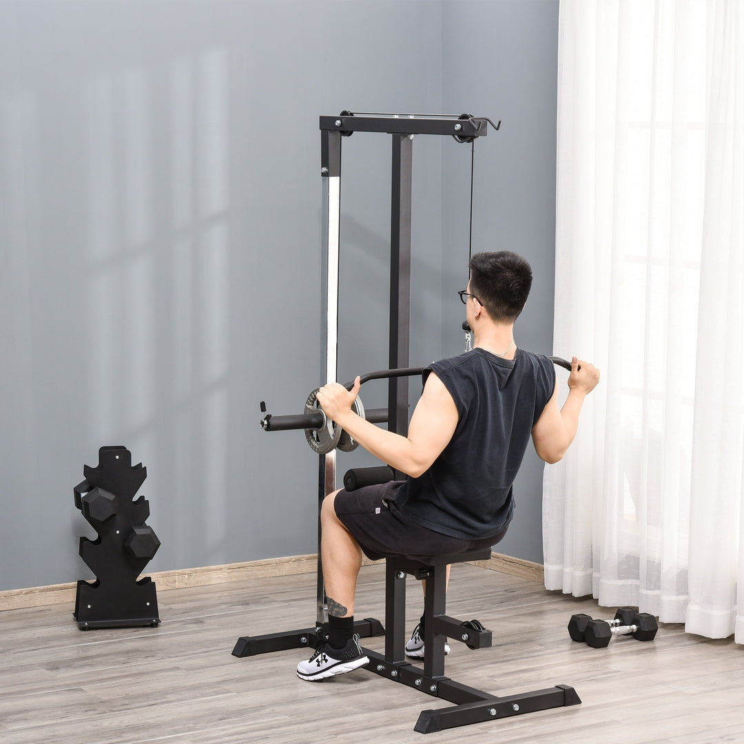 HOMCOM Lat Pull Down Machine with Extra Pulley for Seated Rows, Cable Pulley System with Adjustable Seat for Home Gym