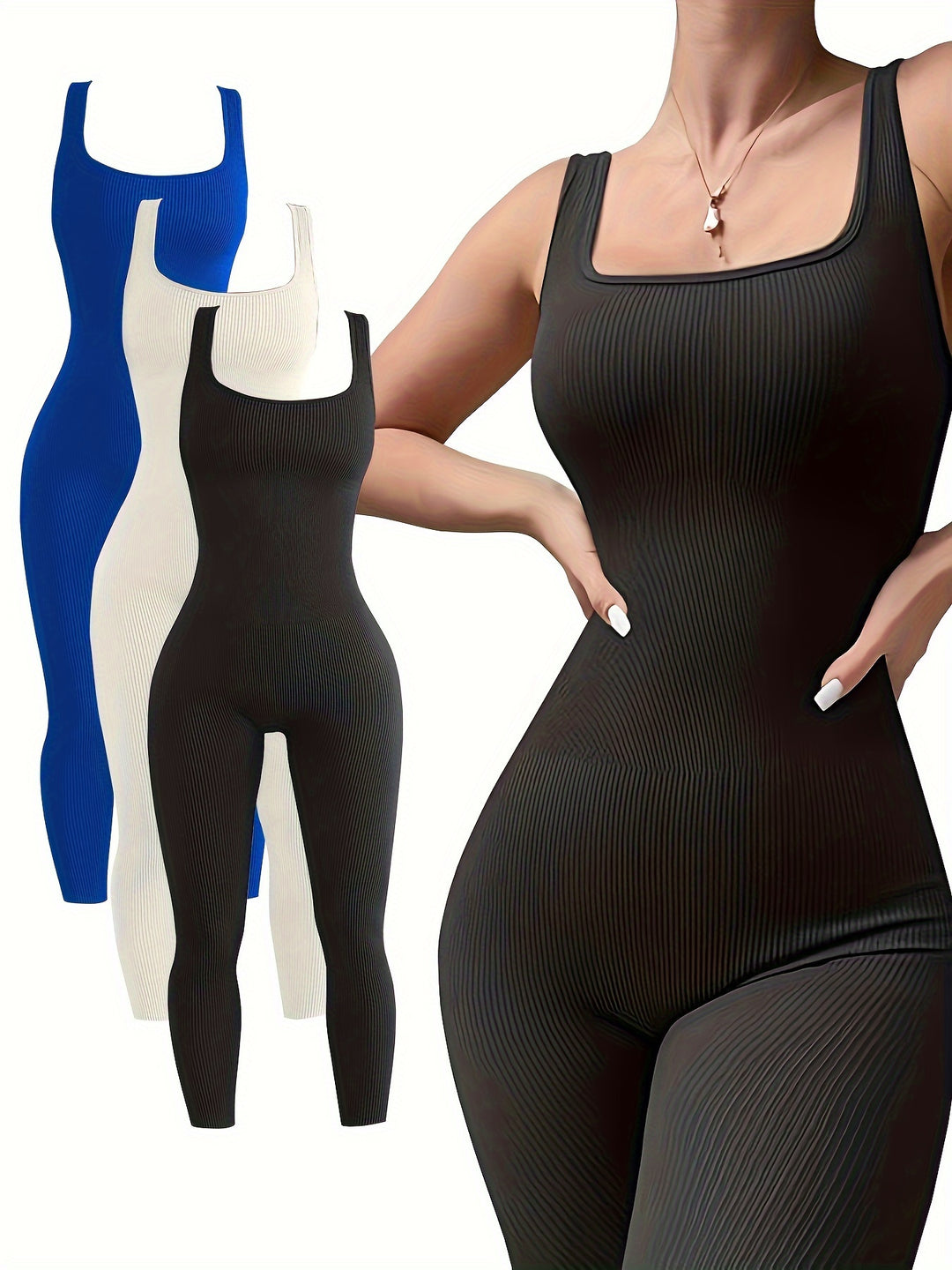 3pcs High Elastic Straps One-piece Ribbed Sports Fashion Bodysuit, Women's Activewear