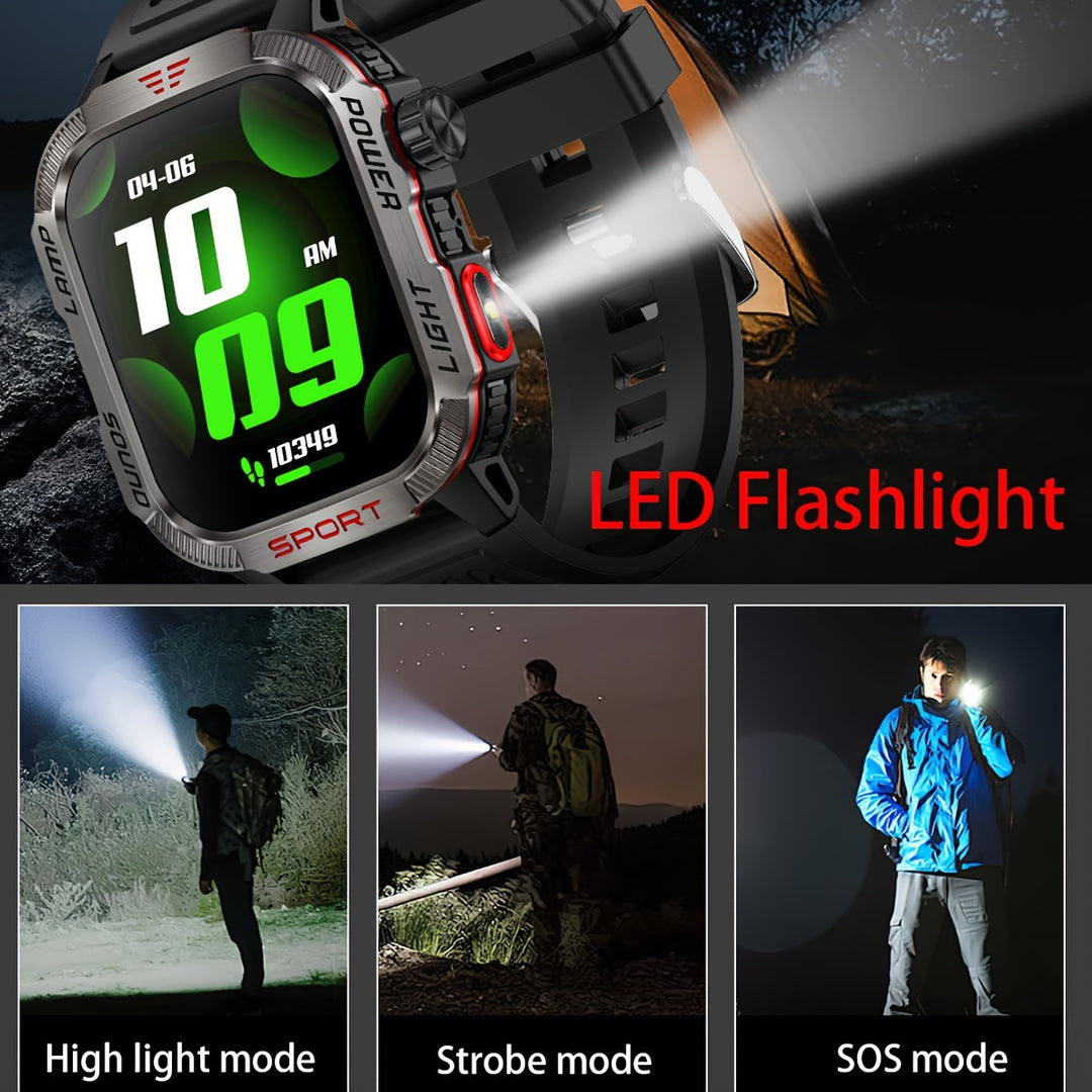 Rugged Smartwatch with Call Function for iPhone & Android, Wireless 5.0, IPS Touchscreen, Alloy Body, Stainless Steel Strap, 2.01" Display, IP68 Waterproof, 600mAh Battery, LED Flashlight, Fitness & Sleep Tracking - 240 x 296