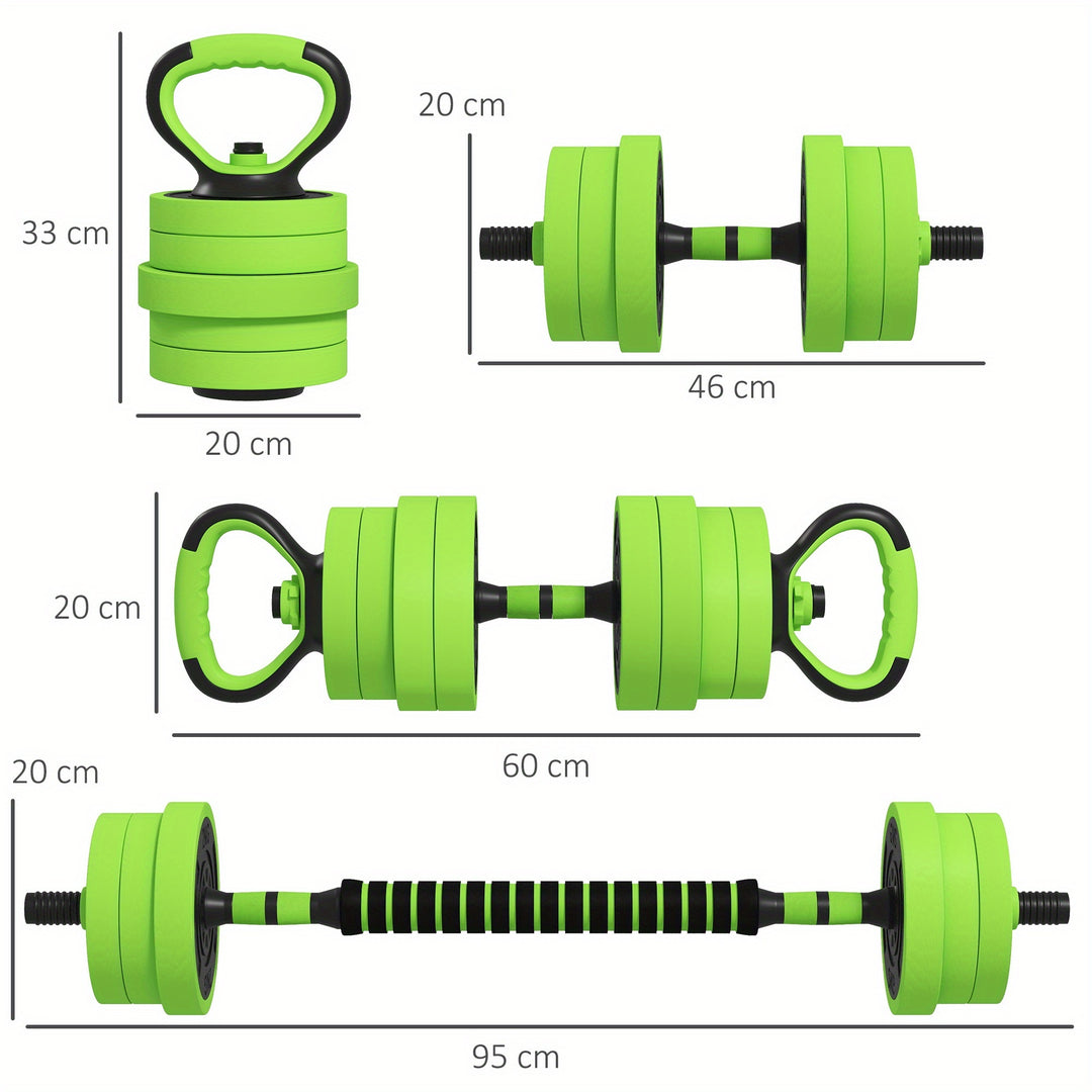 SPORTNOW 4-in-1 Adjustable Weight Dumbbells Set, Used as Barbell, Kettlebell, Push up Stand, Free Weights Set for Men and Women Home Gym Training, 20KG, Green