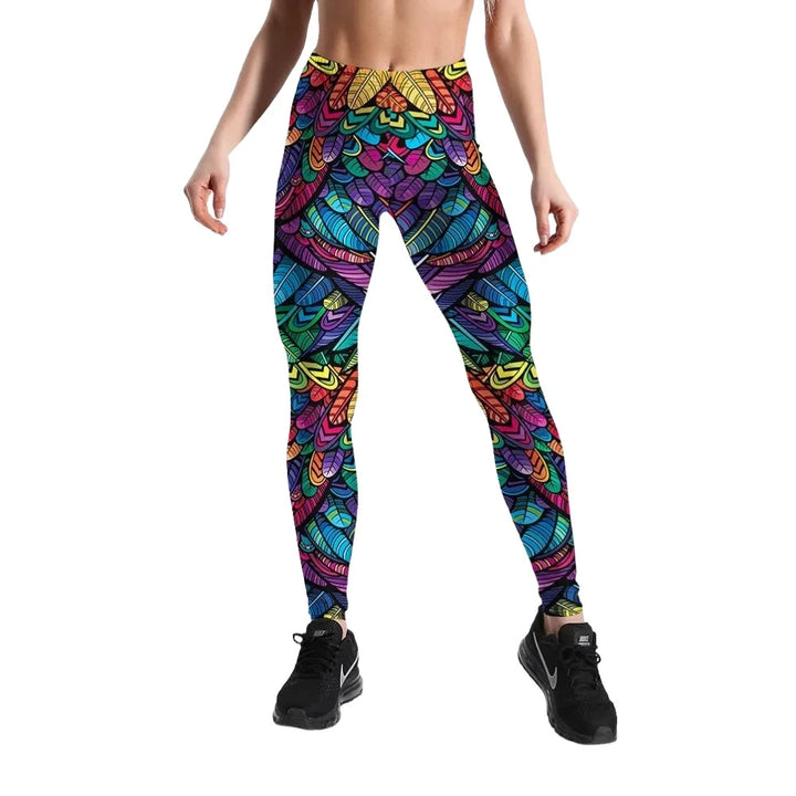 Quickitout Color Feathers 3D Printed Women's Mid-Waist Fitness Trousers