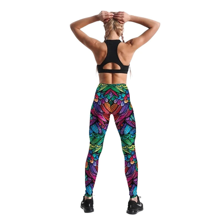 Quickitout Color Feathers 3D Printed Women's Mid-Waist Fitness Trousers