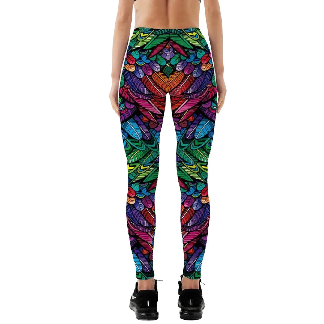 Quickitout Color Feathers 3D Printed Women's Mid-Waist Fitness Trousers