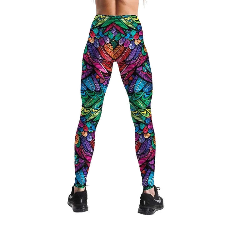 Quickitout Color Feathers 3D Printed Women's Mid-Waist Fitness Trousers